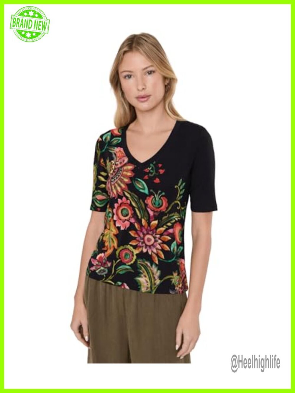 Johnny Was Janie Fitted V-Neck Elbow Sleeve Floral Tee Top